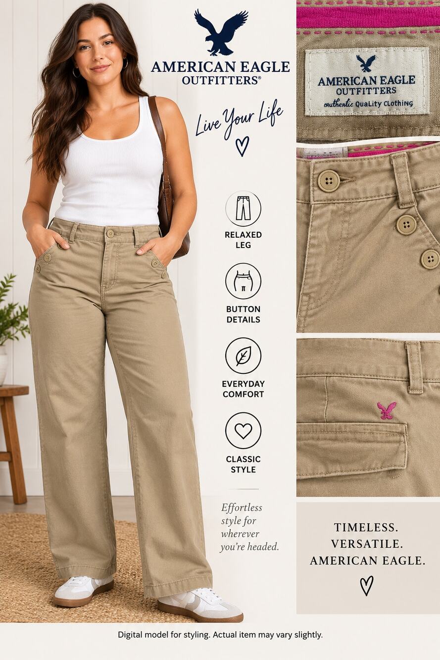 American Eagle Pants Size 12 Khaki Wide Leg Button Detail Preppy Y2K 90s Sailor